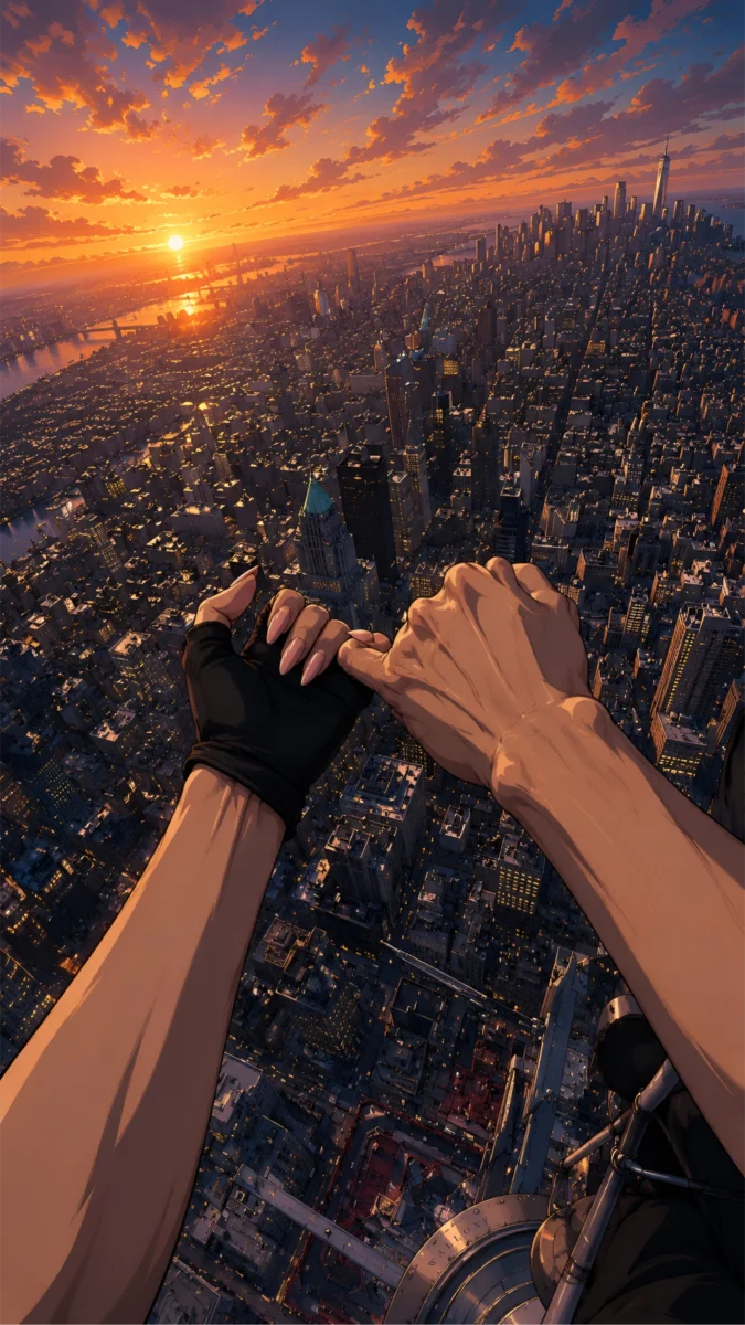 Hd image and wallpaper of a couple making a pinky promise while looking down at a vast city skyline from a high tower during sunset, perfect for empire state building couple, wallpaper hd love, and love couple images.