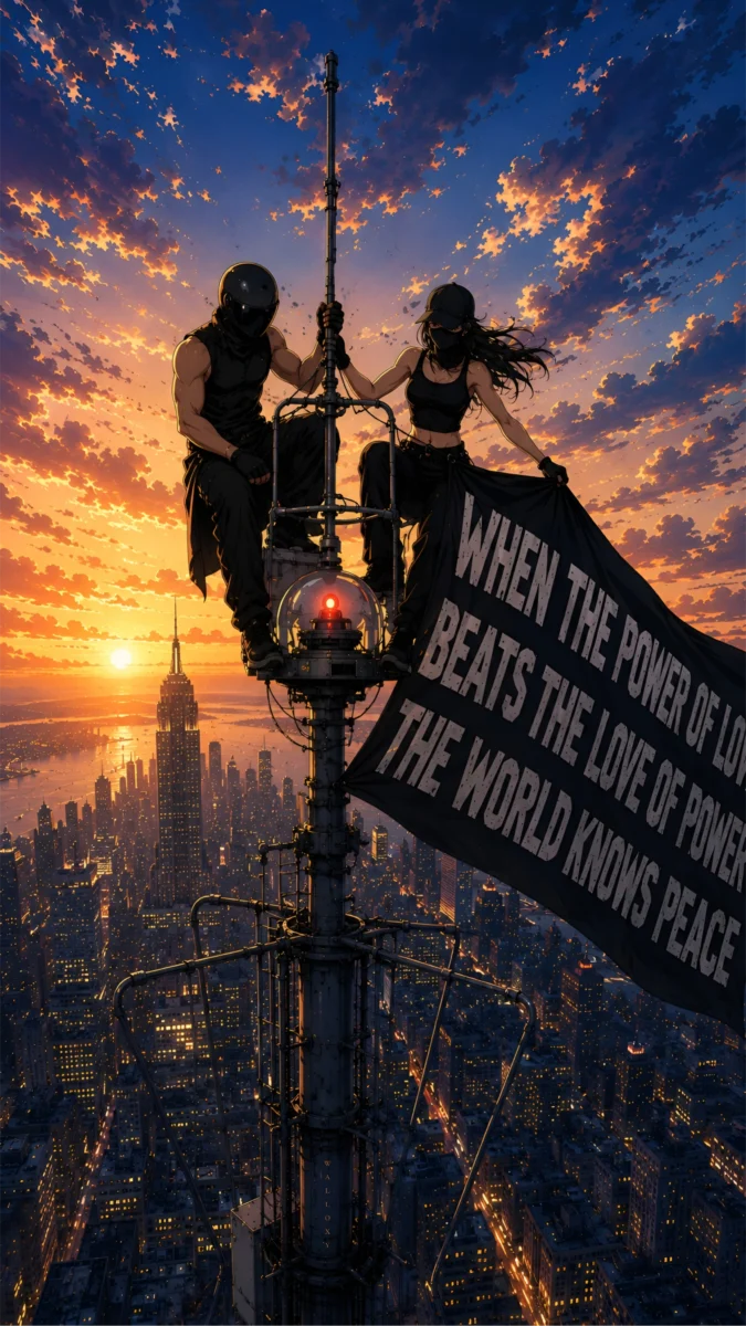 Hd image and wallpaper of two climbers holding a large black flag with a peace quote while sitting on top of a high antenna tower during a golden sunset, perfect for flag empire state building, empire state building climbers, and couple wallpaper.