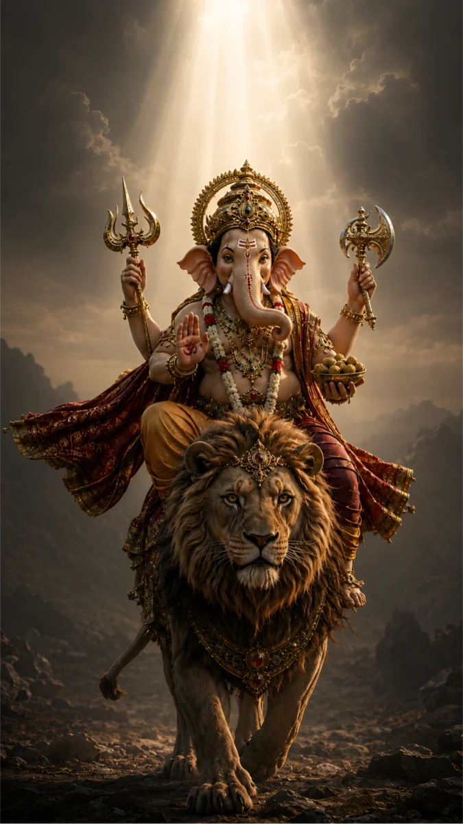 Hd image and wallpaper of Lord Ganesha holding a golden Trishul and seated majestically on a roaring lion under bright heavenly light beams, perfect for ganesh images hd, ganesh photo hd, and ganesh wallpaper hd.