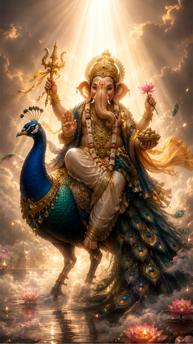 Hd image and wallpaper of Lord Ganesha riding a beautiful royal peacock over a sacred lotus pond under heavenly golden light, perfect for ganesh images hd, ganesh photo hd, and ganesh wallpaper hd.