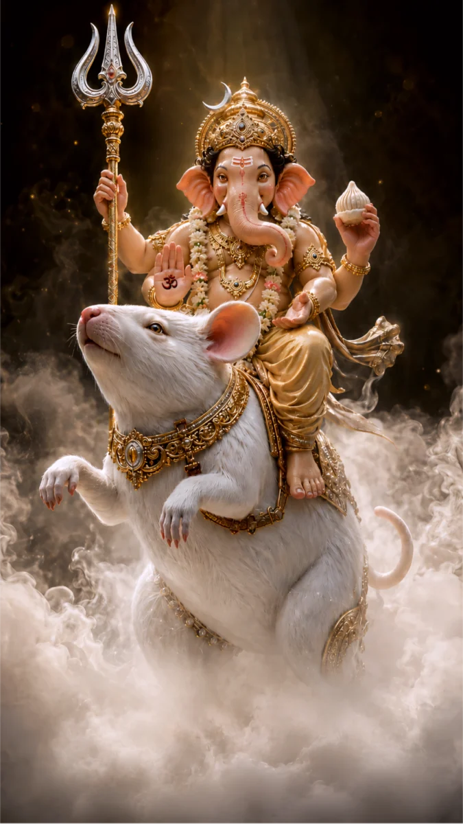 Hd image and wallpaper of Lord Ganesha holding a Trishul and riding his white mouse (Mushakraj) amidst divine smoke, perfect for ganesh images hd, ganesh photo hd, and ganesh wallpaper hd.