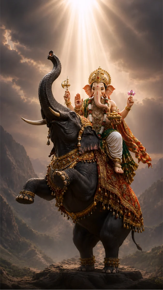 Hd image and wallpaper of Lord Ganesha riding a majestic black elephant under divine sunlight beams in the mountains, perfect for ganesh images hd, ganesh photo hd, and ganesh wallpaper hd.