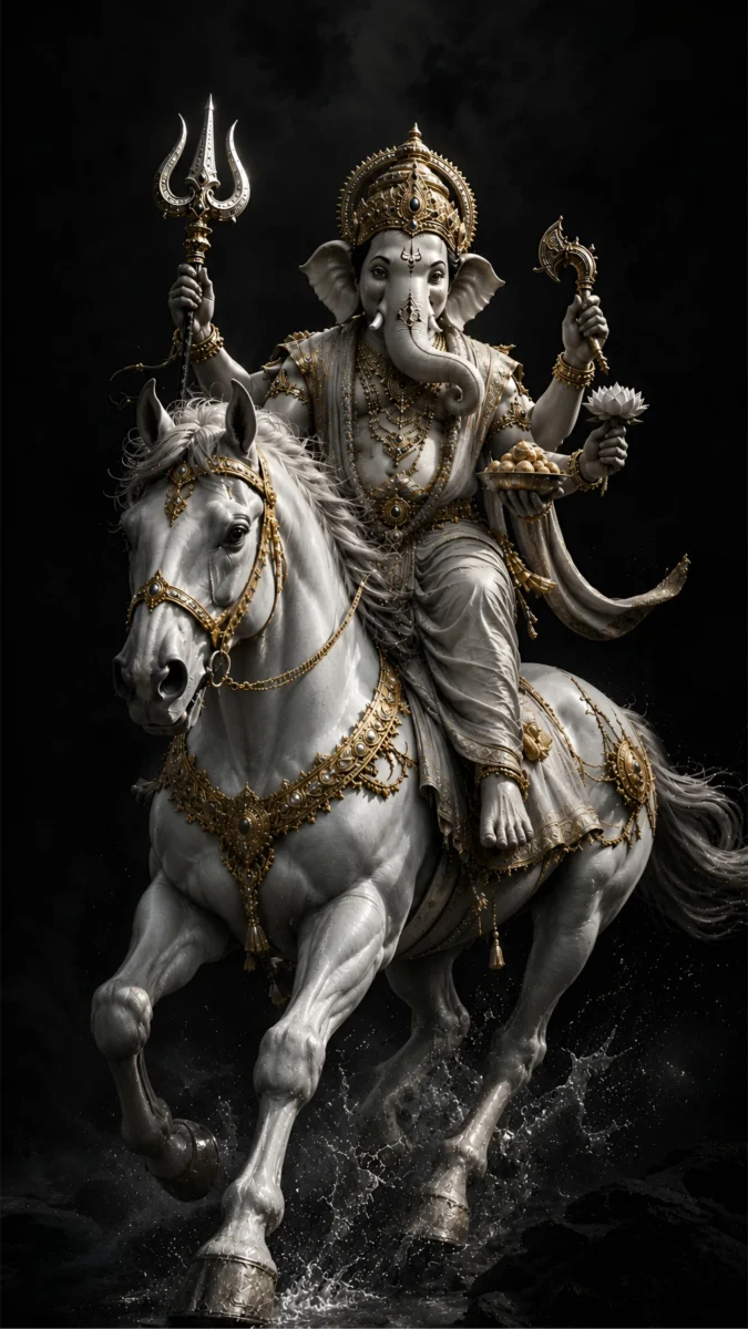 Hd image and wallpaper of Lord Ganesha riding a majestic running white horse through water on a dark background, perfect for ganesh images hd, ganesh photo hd, and ganesh wallpaper hd.