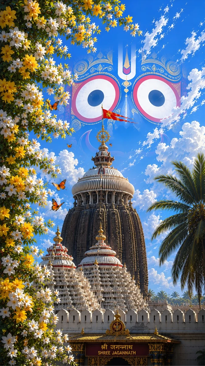 Hd image of Shree Jagannath Temple in Puri with the divine face of Lord Jagannath appearing in the bright blue daytime sky, surrounded by yellow and white flowers, butterflies, and fluffy clouds, perfect for jagannath image, puri jagannath images, and jagannath wallpaper.
