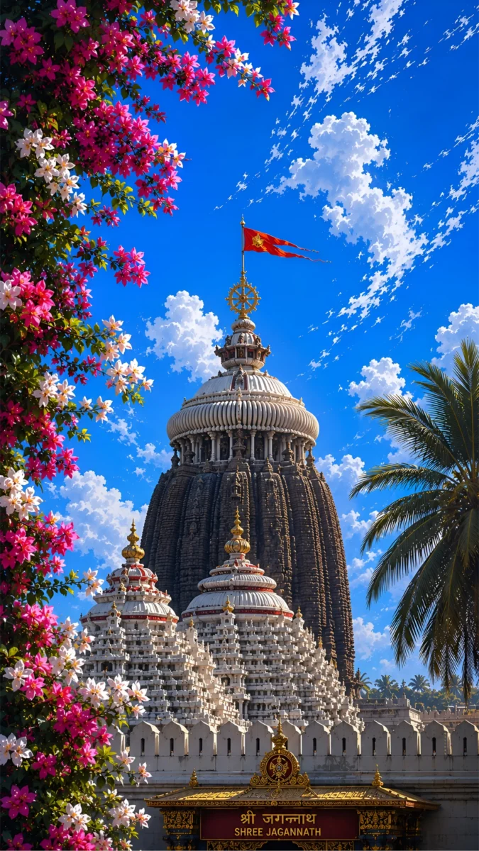 Hd image of Shree Jagannath Temple in Puri under a vibrant blue sky with blooming flowers, perfect for jagannath image, puri jagannath images, and jagannath wallpaper.