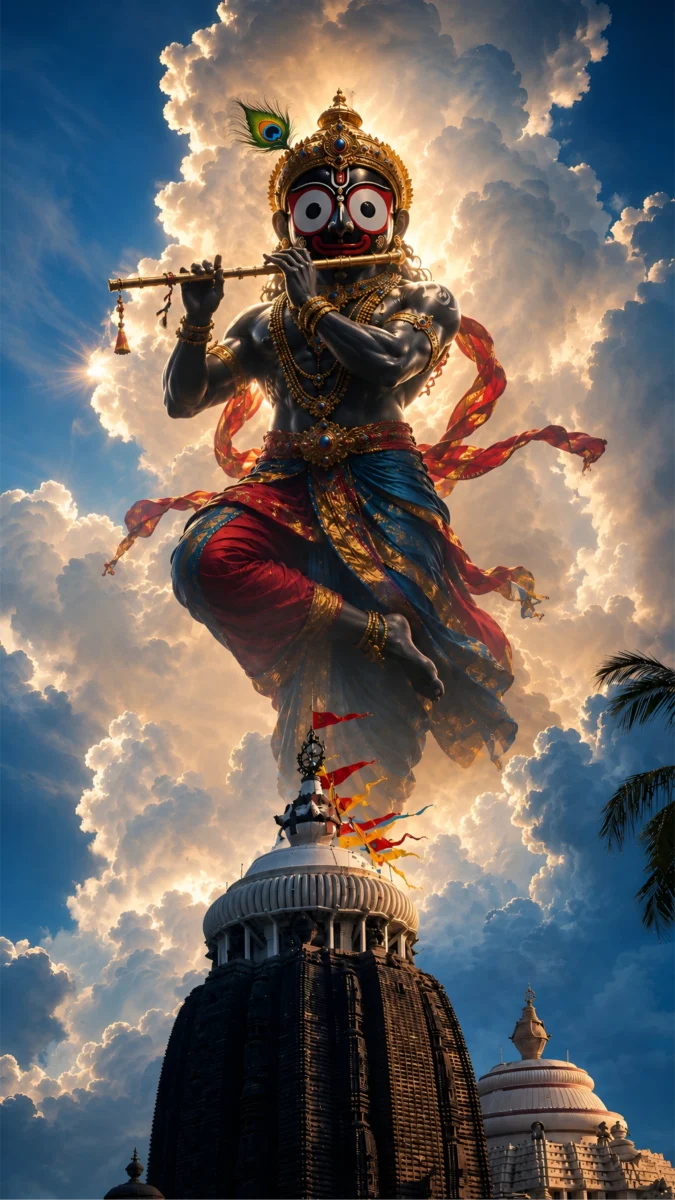 Hd image of Lord Jagannath playing the flute in a divine Krishna pose above the Puri temple, perfect for jagannath wallpaper hd, jagannath photo wallpaper, and jagannath wallpaper for android.