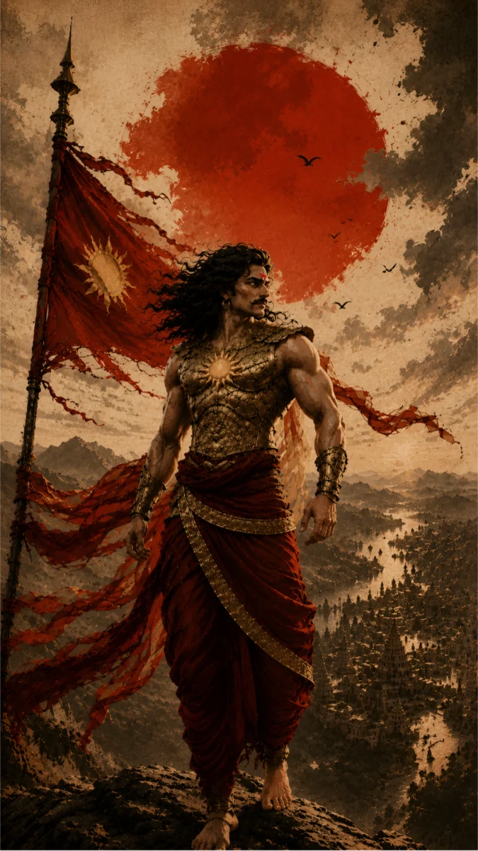 Hd image and wallpaper of Suryaputra Karna standing proudly on a mountain peak next to a giant sun flag, perfect for karna images, karna wallpaper, and karna mahabharat.