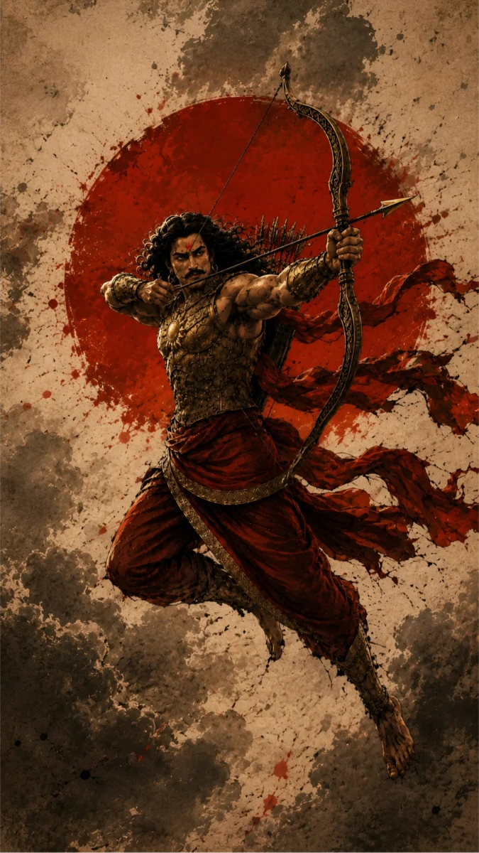 Hd image and wallpaper of Suryaputra Karna float mid-air with intense focus while aiming his bow and arrow, perfect for karna mahabharat, karna hd wallpaper, and danveer karna wallpaper.