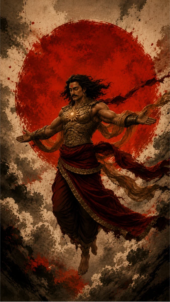 Hd image and wallpaper of Suryaputra Karna floating majestically with arms wide open in front of a giant red sun, perfect for karna wallpaper, karna hd wallpaper, and karna images.