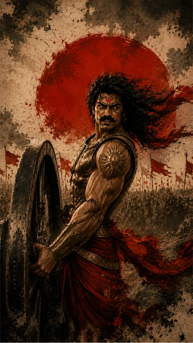 Hd image and wallpaper of Suryaputra Karna lifting a heavy chariot wheel on the Kurukshetra battlefield, perfect for karna wallpaper phone, karna images, and danveer karna wallpaper.