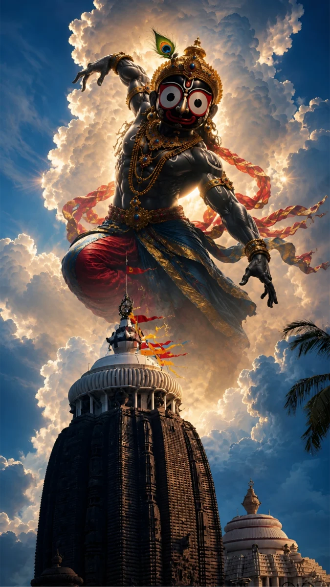 Hd image of Lord Jagannath in a dynamic dancing mudra posture amidst golden backlit clouds above the Puri temple dome, perfect for jagannath wallpaper hd, jagannath image, and jagannath photo wallpaper.