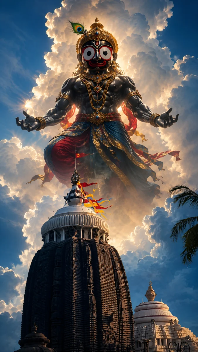 Hd image of Lord Jagannath showing a divine hand mudra of blessings high above the holy Puri temple structures, perfect for jagannath wallpaper for android, puri jagannath images, and jagannath image.