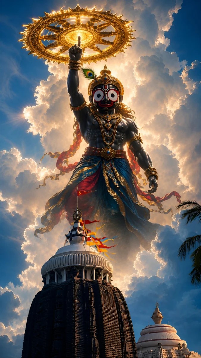Hd image of Lord Jagannath holding a radiant golden Sudarshan Chakra above the sacred Puri temple dome, perfect for jagannath wallpaper hd, jagannath image, and jagannath wallpaper for android.