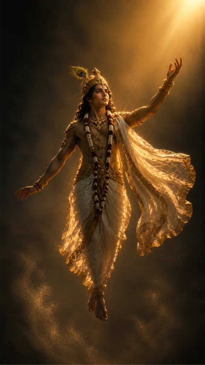 Hd image of Lord Krishna ascending toward divine golden light with a graceful floating pose, perfect for lord krishna images, lord krishna wallpaper, and lord krishna hd images.