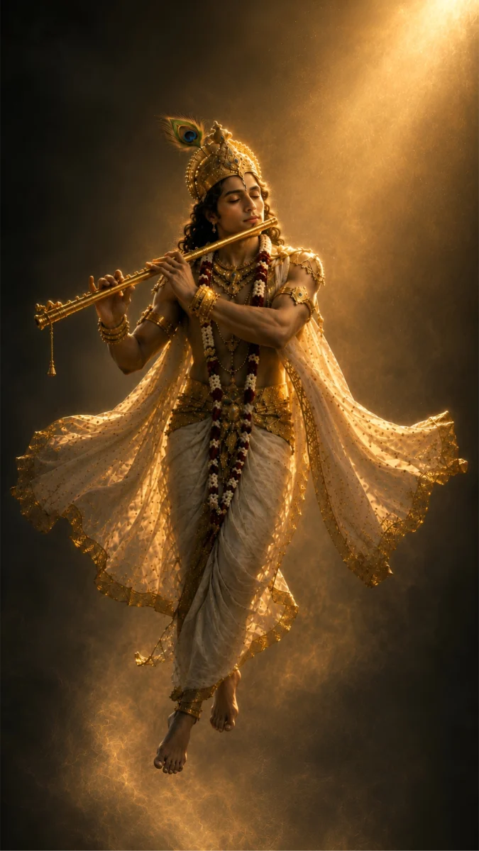 Hd image of Lord Krishna playing the divine golden flute beneath a heavenly beam of light, perfect for lord krishna images, lord krishna wallpaper, and lord krishna hd images.