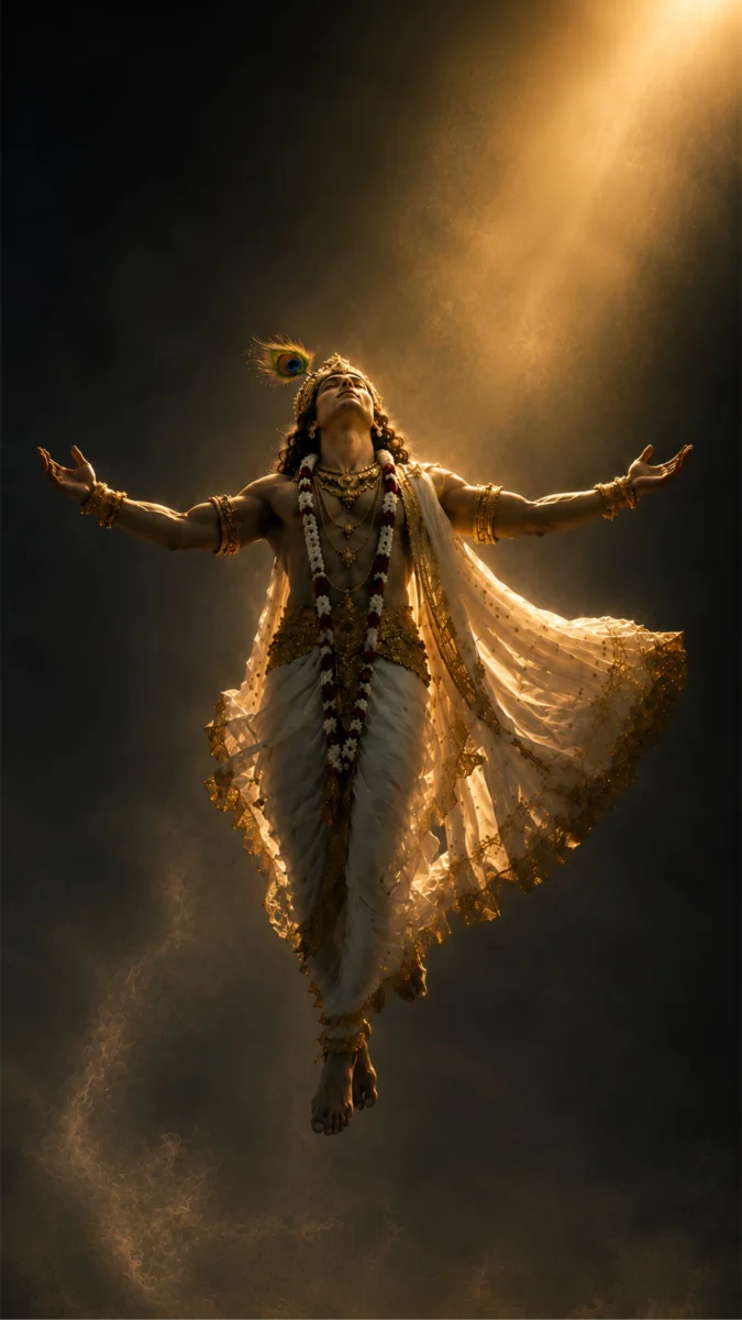 Hd image of Lord Krishna embracing heavenly golden light with open arms in a divine celestial pose, perfect for lord krishna images, lord krishna wallpaper, and lord krishna hd images.