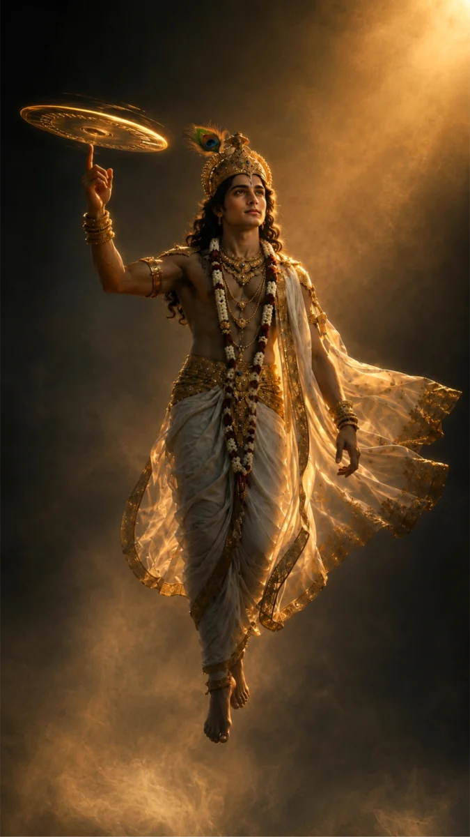 Hd image of Lord Krishna holding the divine Sudarshan Chakra beneath heavenly golden light, perfect for lord krishna images, lord krishna wallpaper, and lord krishna hd images.