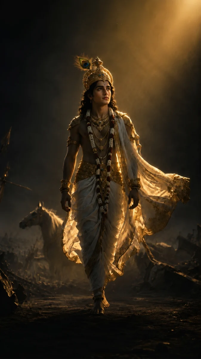 Hd image of Lord Krishna walking through a divine battlefield under golden light, perfect for lord krishna wallpaper, lord krishna hd images, and lord krishna images.