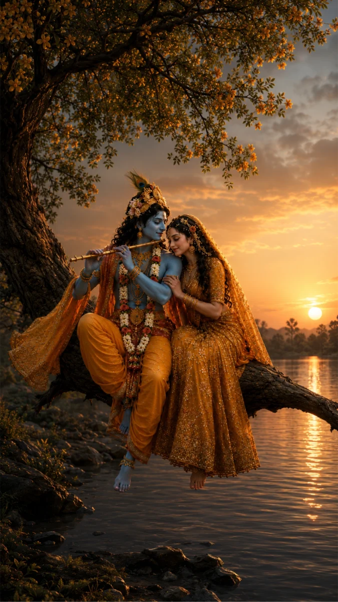 Hd image and wallpaper of Lord Krishna playing the flute while sitting on a tree branch over a river with Radha during a beautiful golden sunset, perfect for lord radha krishna wallpaper lord, love romantic radha krishna wallpaper hd, and radha krishna hd wallpaper.