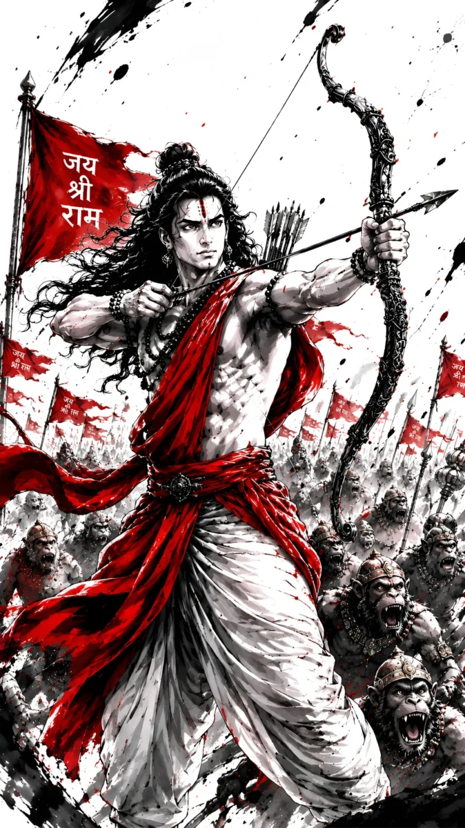 Hd image of Lord Ram drawing his bow alongside his banar sena army holding red flags with Jai Shri Ram text in a dynamic ink splatter art style, perfect for lord ram wallpaper, shri ram image, and lord ram hd wallpaper.