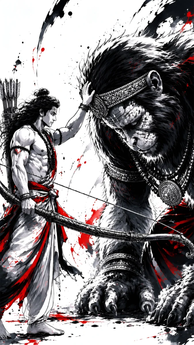 Hd image of Lord Ram placing his hand on Lord Hanuman's head in a powerful black and white sketch style with red paint splatters, perfect for lord ram wallpaper, shri ram image, and lord ram hd wallpaper.