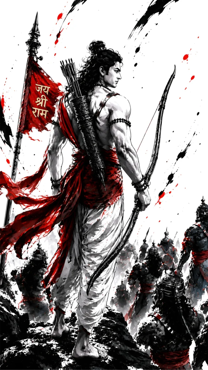 Hd image of Lord Ram standing tall with a bow and arrow, leading his Banar sena army next to a fluttering red flag with Jai Shri Ram text, perfect for lord ram wallpaper, shri ram image, and lord ram hd wallpaper.