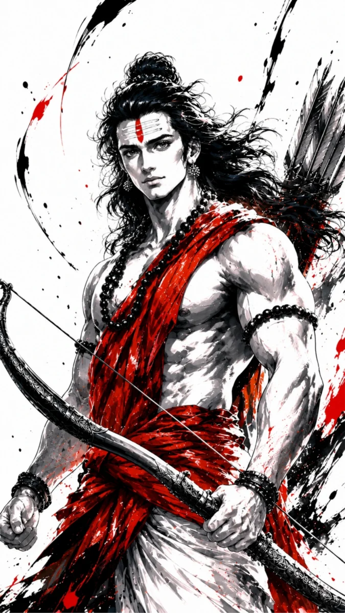 Hd image of Lord Ram standing confidently with a bow and arrows in a striking black, white, and red splash art portrait, perfect for shri ram wallpaper, lord ram photos, and shri ram images hd.