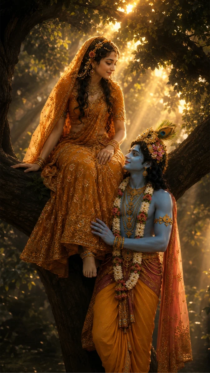 Hd image and wallpaper of Radha sitting beautifully on a large tree branch while Lord Krishna stands below looking at her with love, perfect for love radha krishna wallpaper, radha krishna wallpaper, and lord radha krishna wallpaper lord.