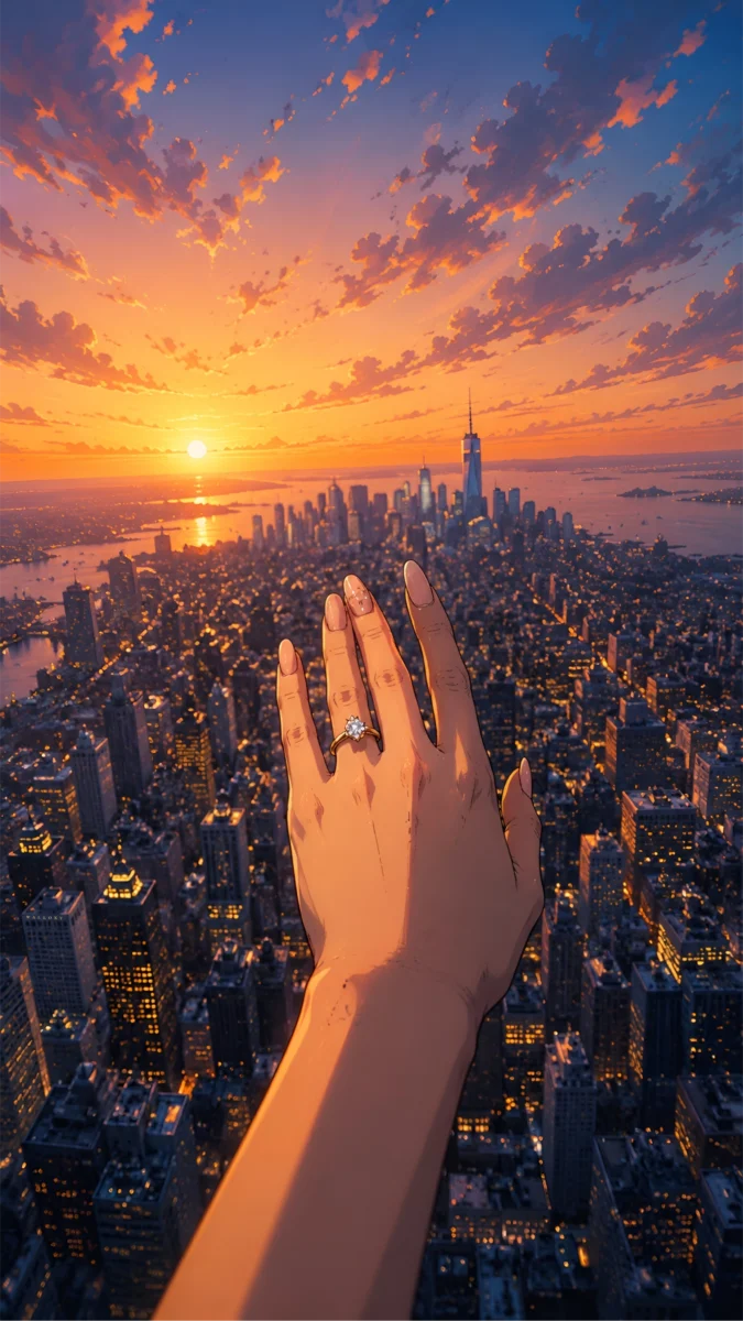 Hd image and wallpaper of a girl's hand wearing a diamond proposal ring held up against a beautiful sunset city skyline, perfect for proposal empire state building, boy proposing girl hd wallpaper, and wallpaper hd love.