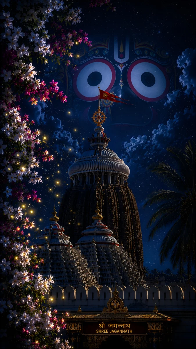 Hd image of Shree Jagannath Temple in Puri with the divine face of Lord Jagannath appearing in the starry night sky above the sacred temple, perfect for jagannath image, puri jagannath images, and jagannath wallpaper.