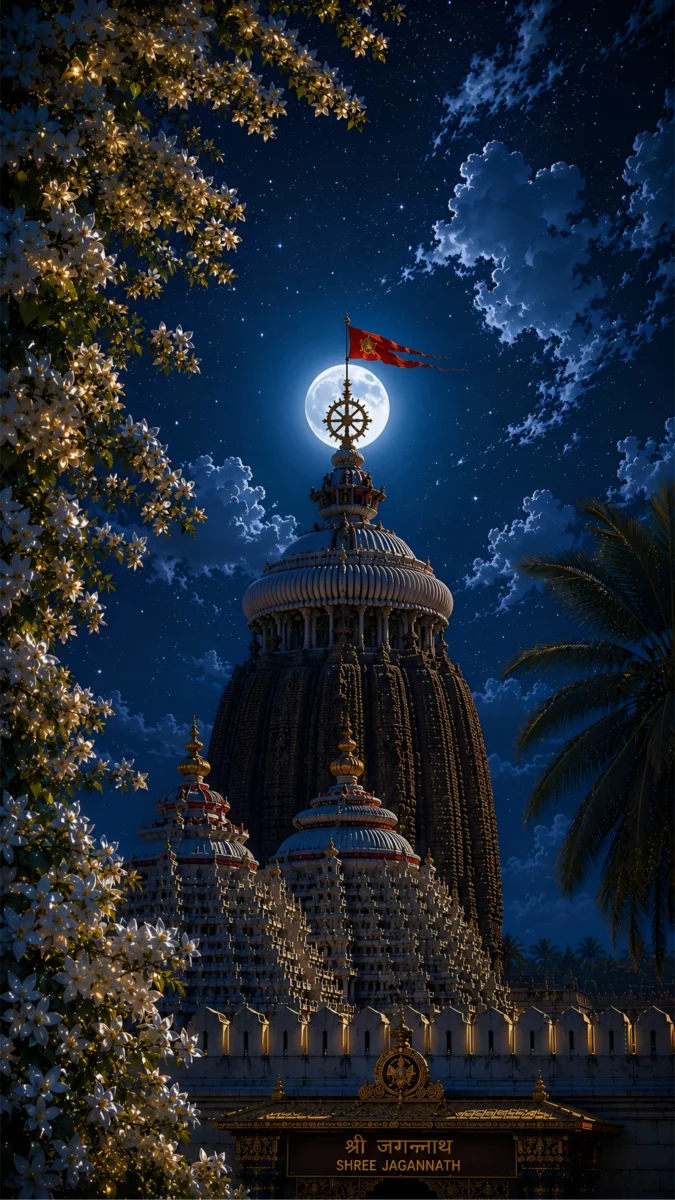 Hd image of Shree Jagannath Temple in Puri with the full moon perfectly aligned behind the sacred Neel Chakra under a starry night sky, perfect for jagannath image, puri jagannath images, and jagannath hd wallpaper.