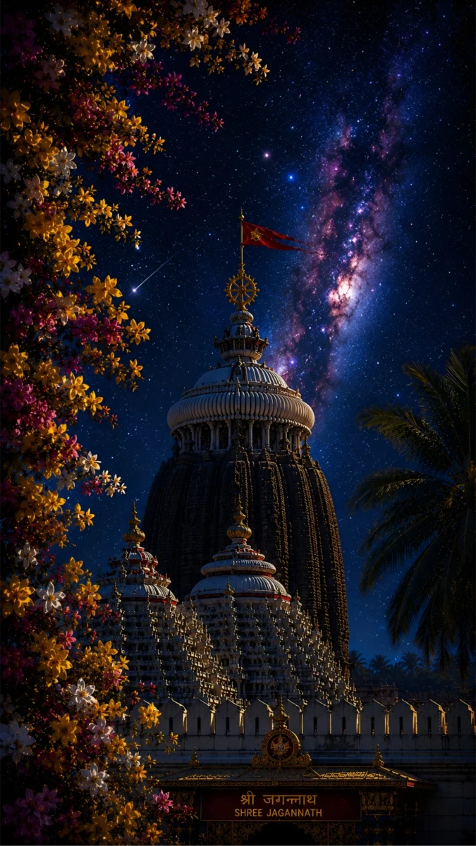 Hd image of Shree Jagannath Temple in Puri beneath a breathtaking Milky Way galaxy night sky with colorful blossoms and the sacred Neel Chakra, perfect for puri jagannath images, jagannath wallpaper, and jagannath hd wallpaper.