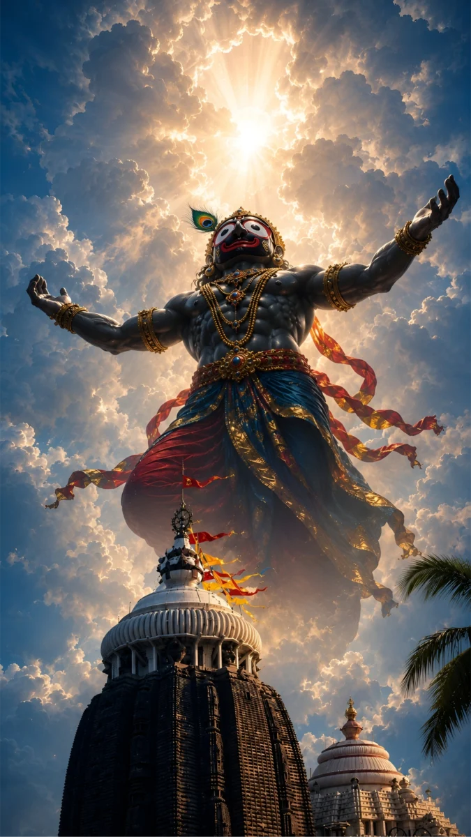Hd image of Lord Jagannath standing majestically above the Puri temple spire amidst divine glowing clouds, perfect for jagannath image, puri jagannath images, and jagannath photo and wallpaper.
