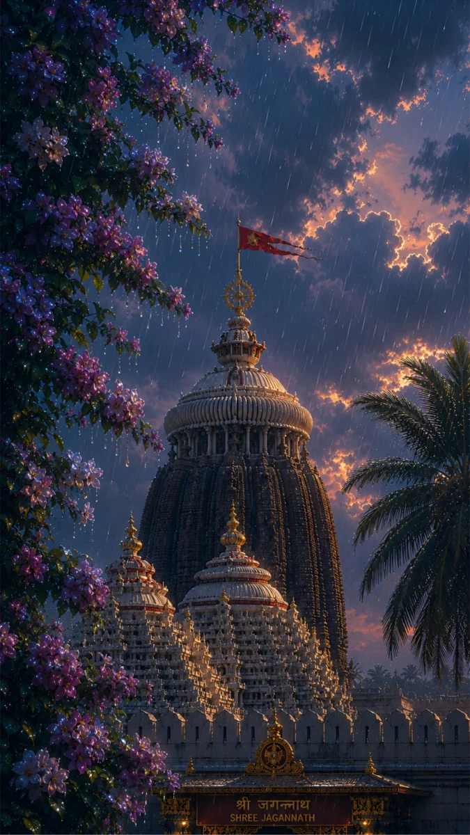 Hd image of Shree Jagannath Temple in Puri during a beautiful rainy evening with dramatic clouds, blooming flowers, and the sacred Neel Chakra, perfect for jagannath image, puri jagannath images, and jagannath wallpaper.