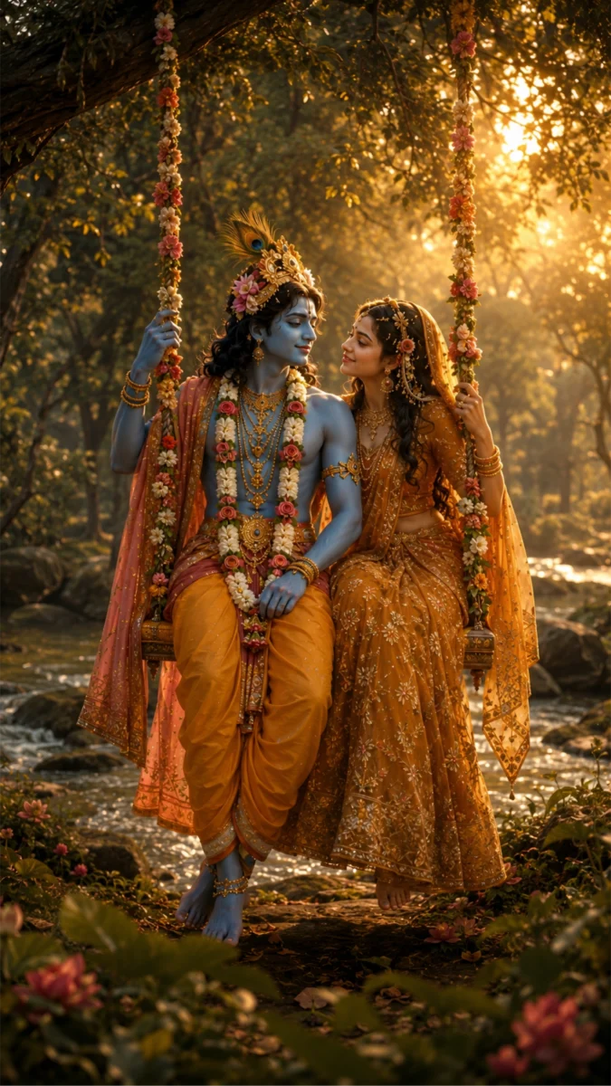 Hd image and wallpaper of Radha and Krishna sitting together on a beautifully decorated floral swing over a flowing river, perfect for radha krishna full hd wallpaper, love romantic radha krishna wallpaper hd, and radhe krishna wallpaper.