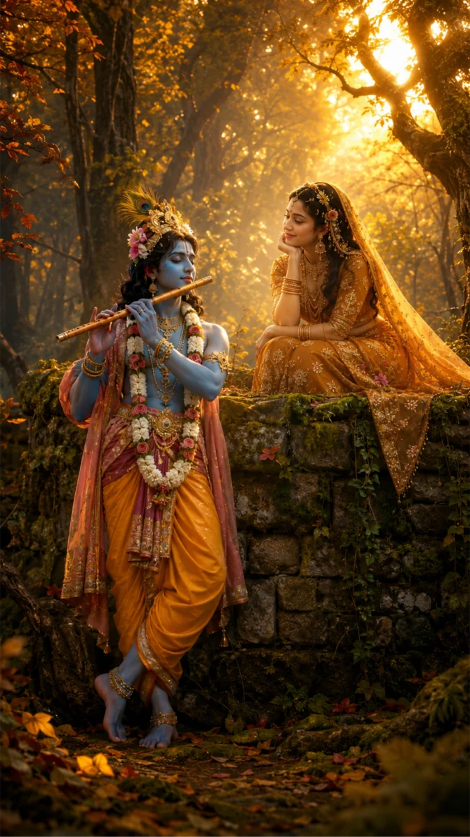 Hd image and wallpaper of Lord Krishna playing the flute with Radha listening lovingly in a golden autumn forest, perfect for radha krishna hd wallpaper, radha krishna full hd wallpaper, and lord radha krishna wallpaper lord.