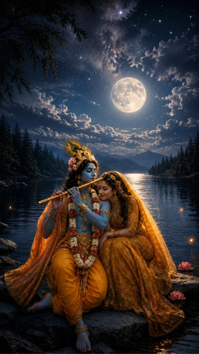 Hd image and wallpaper of Radha and Krishna sharing a romantic moment by a moonlit lake while Krishna plays the flute, perfect for love romantic radha krishna wallpaper hd, radha krishna wallpaper, and love radha krishna wallpaper.