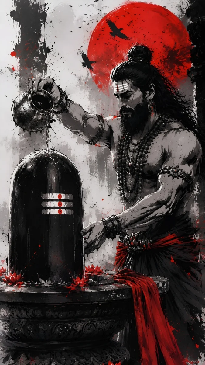 Hd image of Ravan performing Jal Abhishek on Shivling during Shiva worship, perfect for ravan hd wallpaper, ravan wallpaper hd, and ravan photo wallpaper.
