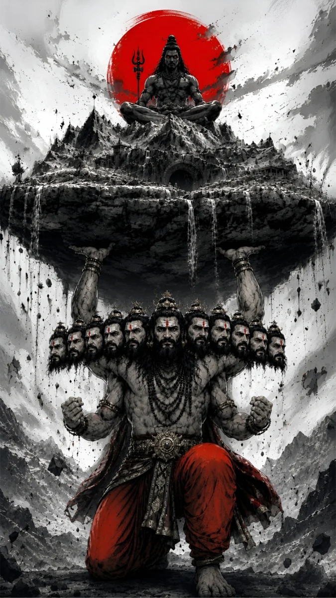 Hd image of Ravan lifting Mount Kailash while Lord Shiva meditates above, perfect for ravan hd wallpaper, ravan wallpaper hd, and ravan photo wallpaper.