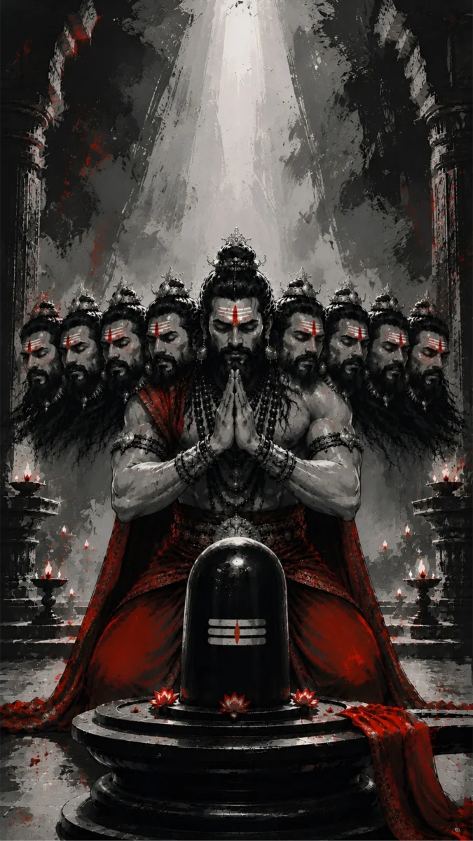 HD image of Ravana praying with folded hands before the sacred Shivling in deep meditation, perfect for Ravana HD wallpapers and photo wallpapers.
