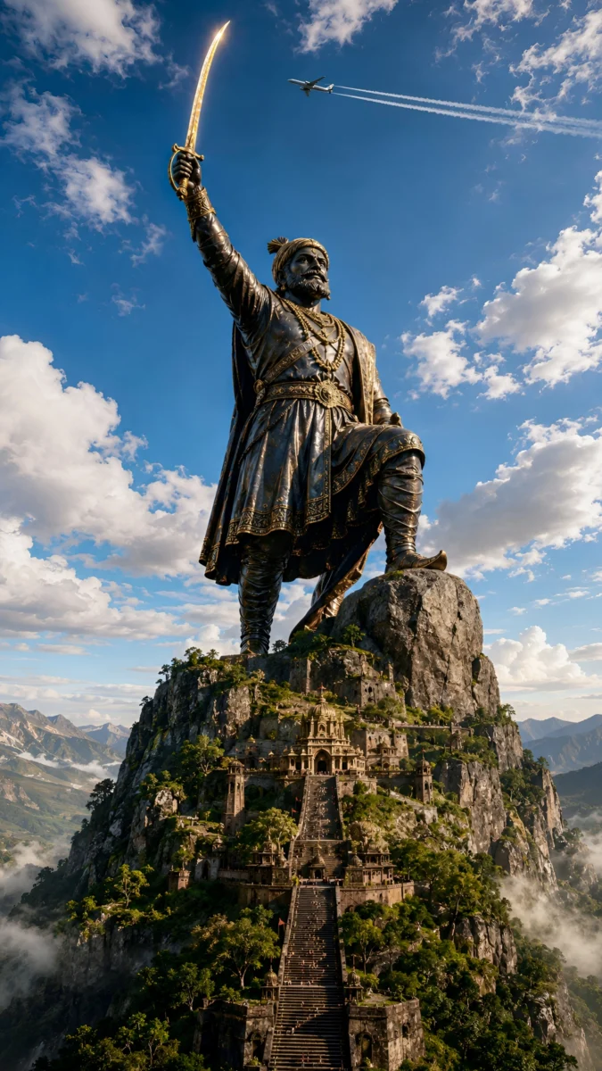 Hd imagr of giant Shivaji Maharaj statue on mountain peak with raised sword and airplane in blue sky, perfect for shivaji maharaj wallpaper, chhatrapati shivaji maharaj wallpaper, and shivaji maharaj photo hd.