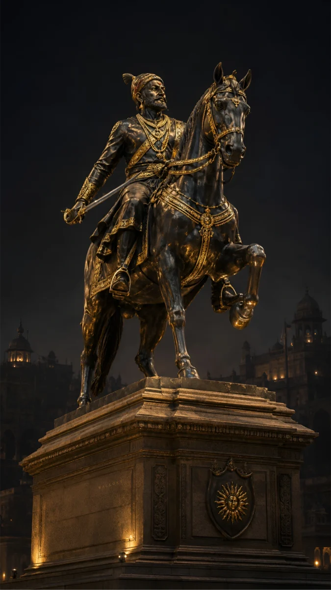 Hd image of Chhatrapati Shivaji Maharaj equestrian statue at night, perfect for shivaji maharaj wallpaper, hd wallpaper shivaji maharaj, and shivaji maharaj photo.