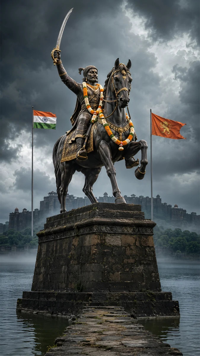 Hd image of Chhatrapati Shivaji Maharaj statue on a horse holding a sword with flags and fort background, perfect for shivaji maharaj wallpaper, hd wallpaper shivaji maharaj, and shivaji maharaj photo hd.