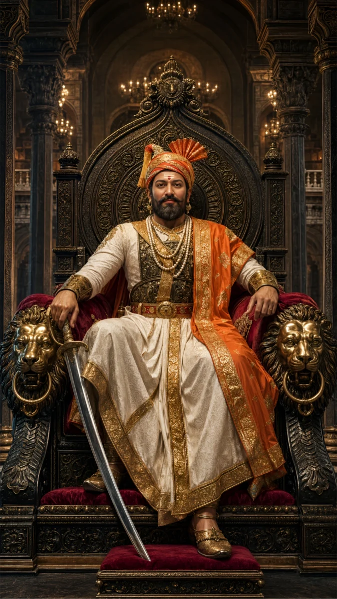 Hd image of Chhatrapati Shivaji Maharaj sitting on a royal throne with sword in palace hall, perfect for shivaji maharaj wallpaper, shivaji maharaj photo wallpaper, and chhatrapati shivaji maharaj wallpaper.