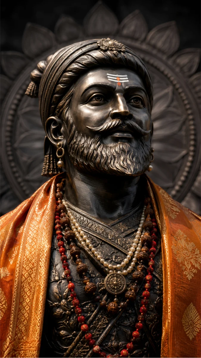 Hd image of Chhatrapati Shivaji Maharaj in a majestic bronze royal portrait with a saffron shawl, perfect for shivaji maharaj wallpaper, shivaji maharaj wallpaper hd, and chhatrapati shivaji maharaj wallpaper.