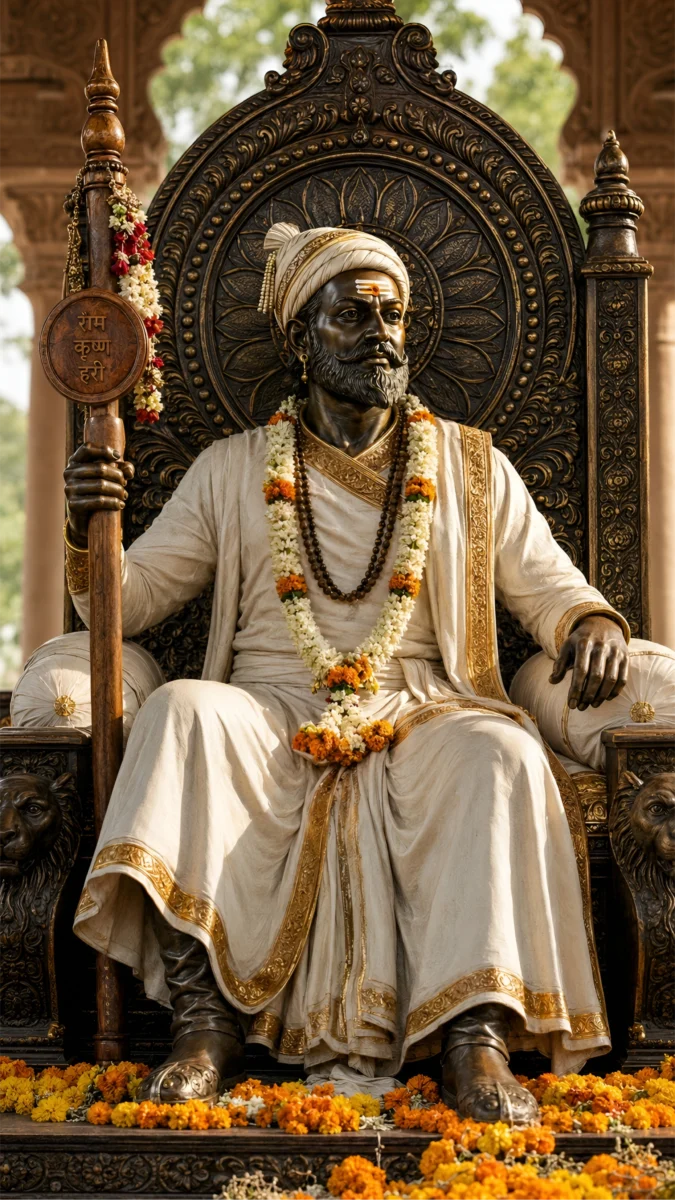 Hd image of the statue of Chhatrapati Shivaji Maharaj seated on a majestic royal throne with a traditional Maratha royal setting, perfect for shivaji maharaj wallpaper, shivaji maharaj wallpaper hd, and chhatrapati shivaji maharaj wallpaper.