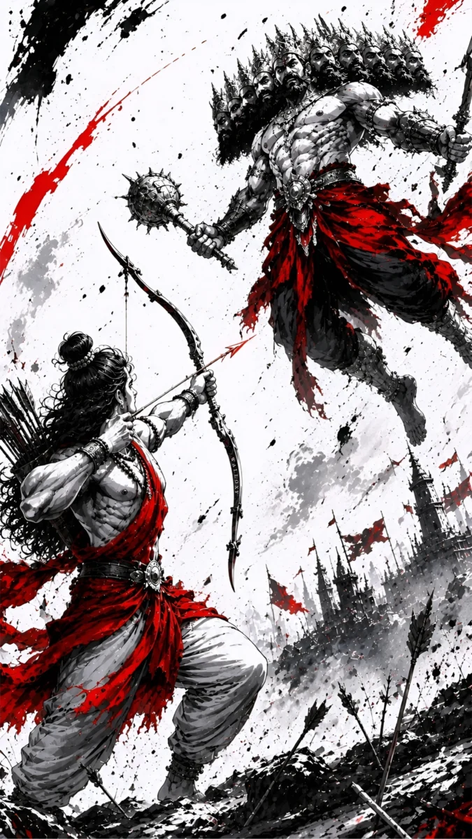 Hd image of Lord Ram aiming his bow at the ten-headed Ravana in a dramatic battle scene with red ink splashes, perfect for shri ram photo, lord ram hd wallpaper, and shri ram images hd.