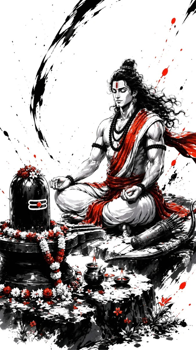 Hd image of Lord Ram meditating in front of a Shivling decorated with flowers in a dramatic black, white, and red splash art style, perfect for shri ram wallpaper, lord ram hd wallpaper, and shri ram images hd.