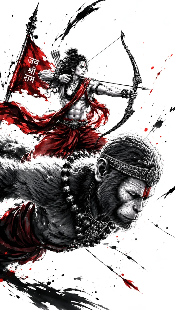 Hd image of Lord Ram aiming his bow and arrow while riding on a flying Lord Hanuman, featuring a red Jai Shri Ram flag in a dynamic ink splash art style, perfect for shri ram wallpaper, lord ram hd wallpaper, and shri ram images hd.