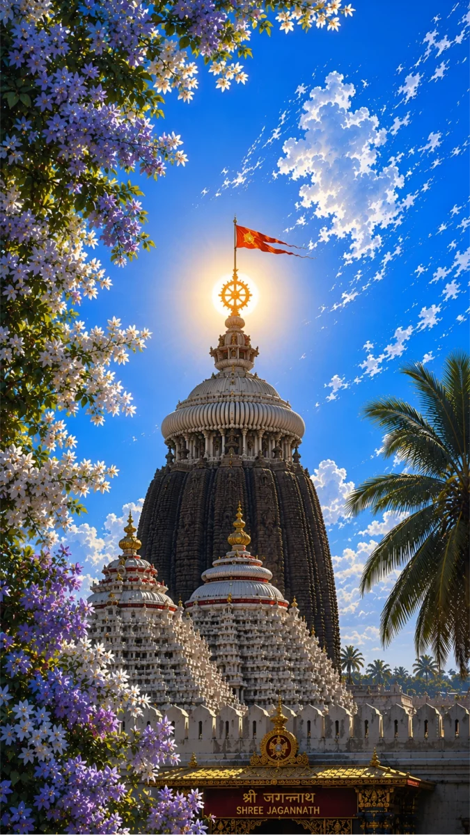 Hd Image of Shree Jagannath Temple in Puri with the glowing sun perfectly aligned behind the sacred Neel Chakra, surrounded by blooming flowers and a bright blue sky, perfect for puri jagannath images, jagannath photo, and jagannath hd wallpaper.